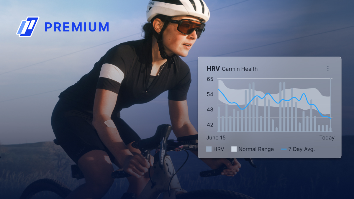 Image Of A Woman Cycling At Dusk With A Graphic Overlay Of Trainingpeaks Premium Health Metrics