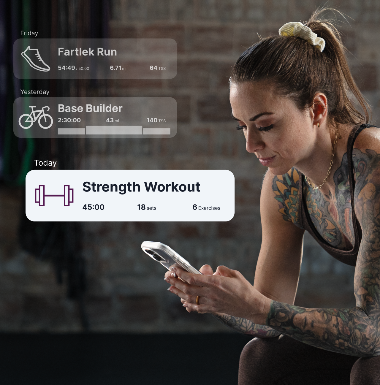 Stop Paying For Multiple Apps Strength Woman In The Gym Looks At Her Phone. Graphics Of The Trainingpeaks App Are Overlaid On The Image.