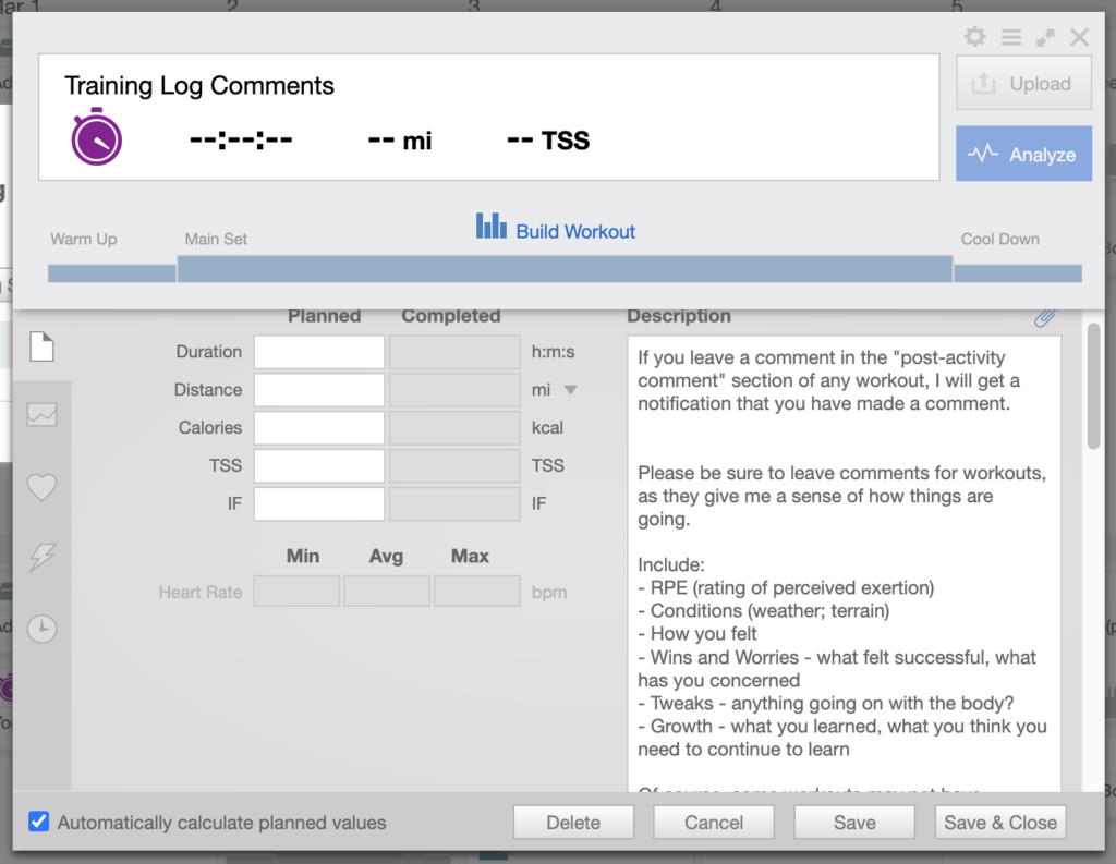 Giving guidance to athletes on what kind of information to give feedback on through their post-workout comments. 